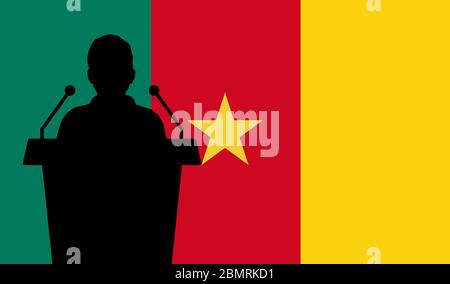Oratore che parla da Tribune Cameroun Flag background. Discorso di un pubblico relatore in Camerun. Concetto di conferenza di presentazione per gli imprenditori. Illustrazione Vettoriale