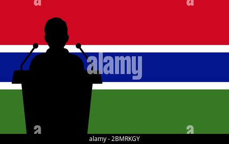 Oratore che parla da Tribune Gambia sfondo bandiera. Discorso di un pubblico relatore in Gambia. Concetto di conferenza di presentazione per gli imprenditori. Illustrazione Vettoriale