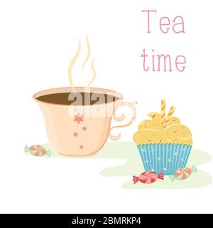 Modello Vector card in stile vintage con tazza da tè, cupcake alla crema con bastoncini di waffle e caramelle. Illustrazione Vettoriale