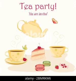 Modello di invito per tè o festa di compleanno con tazze tirate a mano, dolci teapot e farfalle. Elegante e carino con un'atmosfera vintage Illustrazione Vettoriale