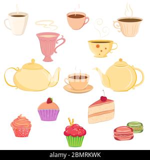 Collezione vettoriale di teacups, teapots e dolci disegnati a mano. Unico ed elegante set per siti web, scrapbooking digitale e design di caffè o ristoranti. S Illustrazione Vettoriale