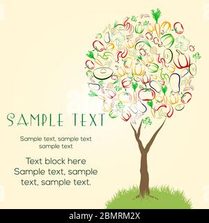 Albero astratto fatto di verdure colorate. Sana vegetariana crudo concetto di mangiare banner, modello di design flier. Ottimo elemento di design per etichette, menu Illustrazione Vettoriale