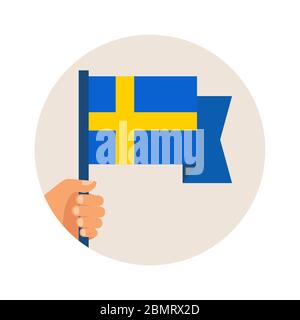 Giornata nazionale della Svezia, giorno dell'indipendenza. Mano che tiene una bandiera svedese. Illustrazione vettoriale Illustrazione Vettoriale