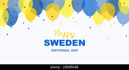 Festeggia il banner della giornata nazionale della Svezia. Banner giorno felice indipendenza. Banner di festa con palloncini volanti nei colori della bandiera svedese. Illustrazione Vettoriale