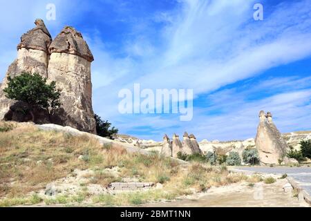 Fata camino o multitesta funghi di pietra nella Valle di Pasabag, Cappadocia, Anatolia, Turchia Foto Stock