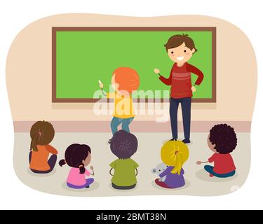 Illustrazione di Stickman Teenage Guy in classe utilizzando Blackboard e ragazzi Foto Stock