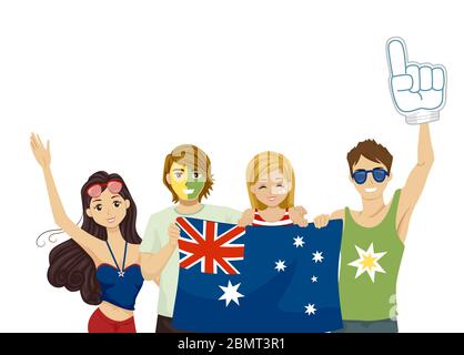 Illustrazione di Teenage Girls and Guys che tiene la bandiera australiana e che si rallegrano per la loro squadra Foto Stock