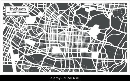 Incheon Corea del Sud Mappa della città in stile retro. Mappa del contorno. Illustrazione vettoriale. Illustrazione Vettoriale