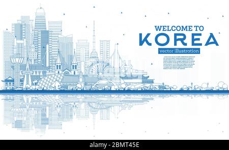 Profilo Benvenuti allo skyline della Corea del Sud con edifici blu e riflessi. Illustrazione vettoriale. Concetto di turismo con architettura storica. Illustrazione Vettoriale