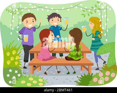 Illustrazione di Stickman Teenage Girl e Guys bere birra nel giardino Foto Stock