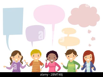 Illustrazione di Stickman Teenage Girls and Guys con Blank Speech e bolle di pensiero Foto Stock