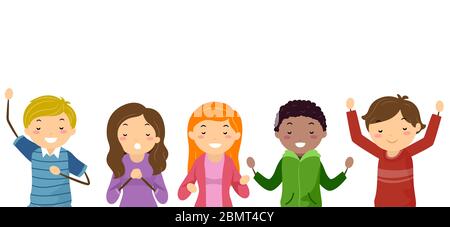 Illustrazione di Stickman Teenage Girls and Guys with eyes closed and Singing lode Foto Stock