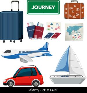 Tema del set di vacanze con trasporto e altri elementi Illustrazione Vettoriale