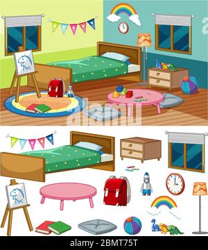 Scena di sfondo della camera da letto con molti mobili illustrazione Illustrazione Vettoriale