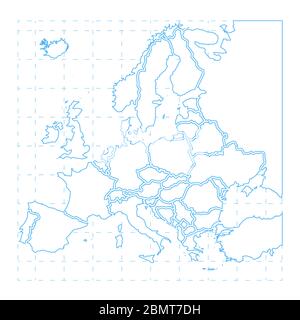 Contorno blu della mappa dettagliata dell'europa su bianco Illustrazione Vettoriale