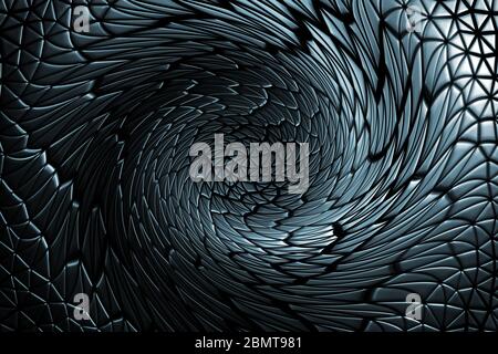 Disegno 3D forma geometrica e sfondo in pelle, sfumature chiare e scure che ondano circolari su nero Foto Stock