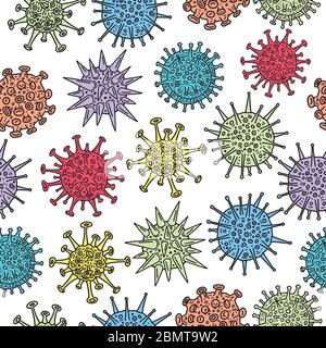 Diversi tipi di virus, raccolta di schizzi. Illustrazione disegnata a mano del motivo senza giunture. Infezione da virus respiratorio. Corona virus e altri virus. Illustrazione Vettoriale