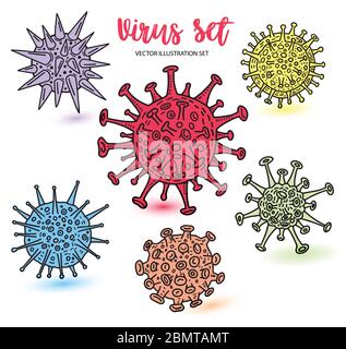 Diversi tipi di virus colore, raccolta di schizzi. Illustrazione disegnata a mano. Infezione da virus respiratorio. Corona virus e altri virus. Illustrazione Vettoriale
