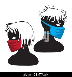 Icone di un volto con maschere mediche su sfondo bianco isolato. Immagine vettoriale Illustrazione Vettoriale