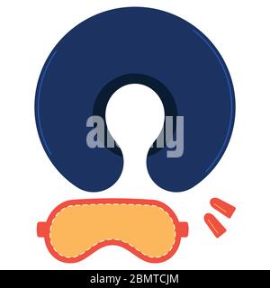 Maschera per dormire con tappi per le orecchie e icona del cuscino da viaggio sul collo isolata su sfondo bianco. Illustrazione Vettoriale