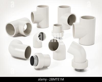 Gruppo di parti di collegamento in PVC di varie dimensioni isolate su sfondo bianco. Illustrazione 3D. Foto Stock