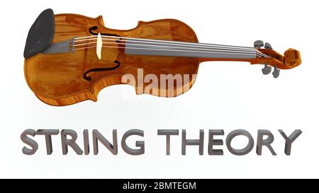 Illustrazione 3D di un violino con titolo DI TEORIA DELLE STRINGHE, isolato su bianco. Foto Stock