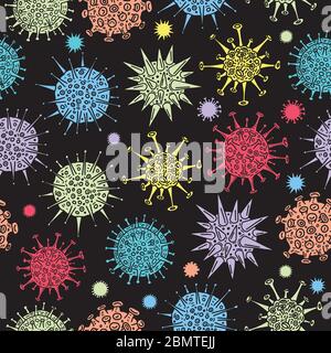 Diversi tipi di virus, raccolta di schizzi. Illustrazione disegnata a mano del motivo senza giunture su nero. Infezione da virus respiratorio. Corona virus e altro Illustrazione Vettoriale