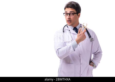 Il giovane maschio medico con calibri isolato su bianco Foto Stock