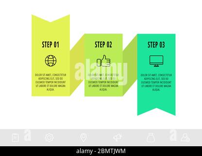 Modello di progettazione di infografiche vettoriali con 3 etichette. Concetto moderno di nastro. Lo stile Origami può essere utilizzato per diagrammi, business, web, banner, workflow Illustrazione Vettoriale