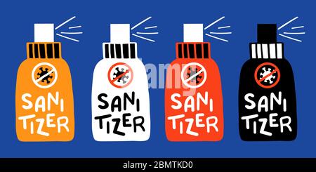 Collezione di coronavirus - illustrazioni vettoriali piatte di igienizzatore Illustrazione Vettoriale