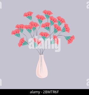 Delicati fiori rosa in vaso di vetro su sfondo grigio. Illustrazione vettoriale. Per la progettazione di cartoline, copertine, stampe di abbigliamento, carta da imballaggio Illustrazione Vettoriale