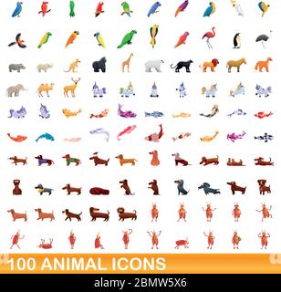 100 animali set di icone. Cartoon illustrazione di 100 icone animale set vettore isolato su sfondo bianco Illustrazione Vettoriale