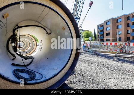 Essen, Ruhr Area, Renania settentrionale-Vestfalia, Germania - fognature, nuova fognaria Berna, tubi fognari sono pronti per l'installazione presso il cantiere di costruzione, Berna Foto Stock