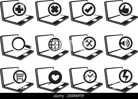 Simboli Web Internet in cerchio sui computer portatili in vista ad angolo inclinato. Icone vettoriali in bianco e nero isolate su sfondo bianco. Illustrazione Vettoriale