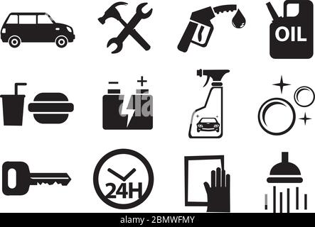 Icone vettoriali in bianco e nero per i servizi disponibili presso il chiosco a benzina. Illustrazione Vettoriale