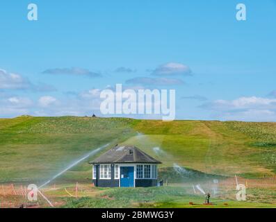 East Lothian, Scozia, Regno Unito. 11 Maggio 2020. East Lothian è chiamato 'Scotland's Golf Coast' e il golf contribuisce notevolmente all'economia locale. Nel frattempo, i campi da golf e i campi da golf rimangono chiusi. Nella foto: Campo da golf Gullane, sede dello Scottish Open con campo da golf innaffiato Foto Stock