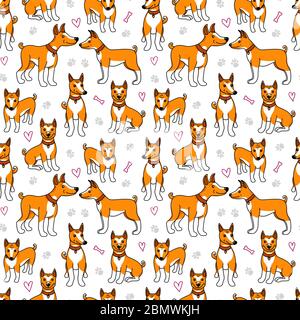 Basenji cani modello senza cuciture. Illustrazione del cartone animato del cucciolo isolata sul backgoround bianco. Superficie di progetto Illustrazione Vettoriale