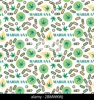 Marjuana pillole modello senza cuciture con canapa foglia. Compresse di THC di Cannabis organico. Texture vettoriale su sfondo bianco. Disegno legalizzato medico di superficie Illustrazione Vettoriale