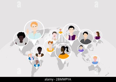 Connessione mondiale. Diverse persone in tutto il mondo lavorano insieme, comunicano e on-line briefing, formazione in un gruppo internazionale. Illustrazione Vettoriale