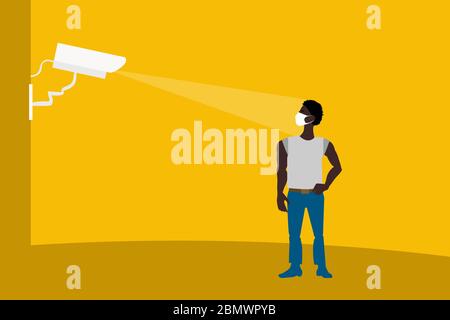 Riconoscimento facciale in maschera medica, problemi di visione informatica in una moderna megalopoli durante il periodo di pericolo epidemiologico. L'uomo nella maschera. Illustrazione Vettoriale