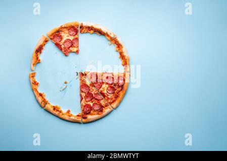 Vista dall'alto con una deliziosa pizza fatta in casa con peperoni. Crosta di pizza cotta in casa su sfondo blu vista dall'alto. Avanzi di pizza. Foto Stock