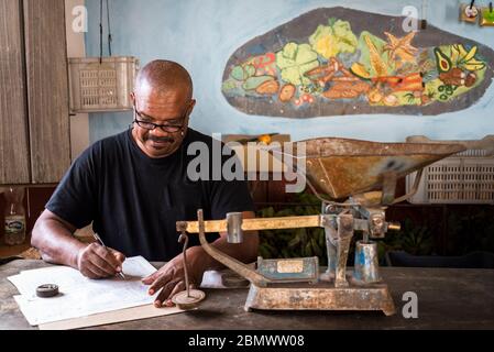 Jose Antonio, un rappresentante Acopio che lavora in un negozio Acopio, Acopio è l'Agenzia di approvvigionamento e distribuzione statale di Cuba per la produzione agricola Foto Stock