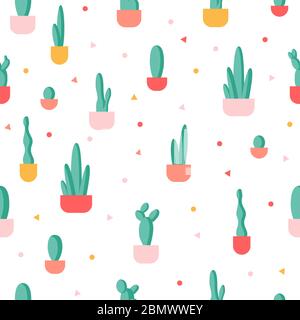 Modello senza cuciture con cactus in pentole su sfondo bianco. Illustrazione vettoriale a cartoni animati piani. Colori pastello graziosi e delicati. Tema estivo carino Illustrazione Vettoriale