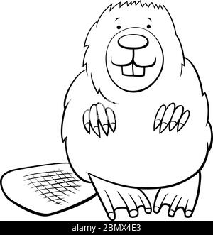 Cartoon bianco e nero Illustrazione di Funny Beaver Wild Animal Character Coloring Book Page Illustrazione Vettoriale