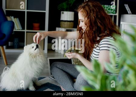 Donna rossa che alimenta il suo cane con alcuni spuntini Foto Stock