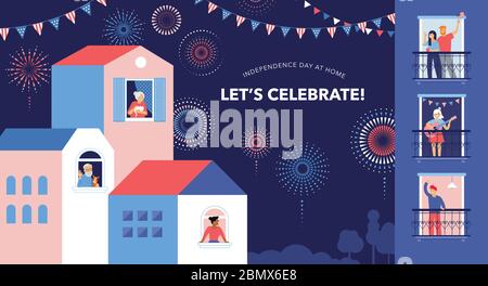 Celebrazione a casa con i vicini. Persone che si alzano sui balconi, che si affacciano dalle finestre. Fuochi d'artificio, giorno dell'indipendenza in città. Illustrazione Vettoriale