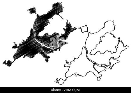 Novokuznetsk City (Federazione Russa, Russia, Oblast di Kemerovo), rappresentazione vettoriale della mappa, schizzo della città di Kuznetsk o della mappa di Stalinsk Illustrazione Vettoriale