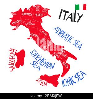 Mappa stilizzata a mano vettoriale della Repubblica Italiana. Illustrazione di viaggio delle province italiane. Illustrazione scritta disegnata a mano. Europa mediterraneo ma Illustrazione Vettoriale