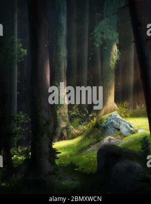 Atmosfera e fantasia incantevole fiaba sfondo foresta, rendering 3d pittura. Foto Stock