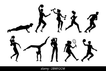 Persone che svolgono attività sportive fitness workout o giocare giochi sportivi. Silhouette di uomini e donne con attrezzature sportive e allenamento vettoriale cartoni animati illustrazione. Illustrazione Vettoriale